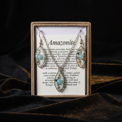 Amazonite earrings displayed on a card with text against a dark background