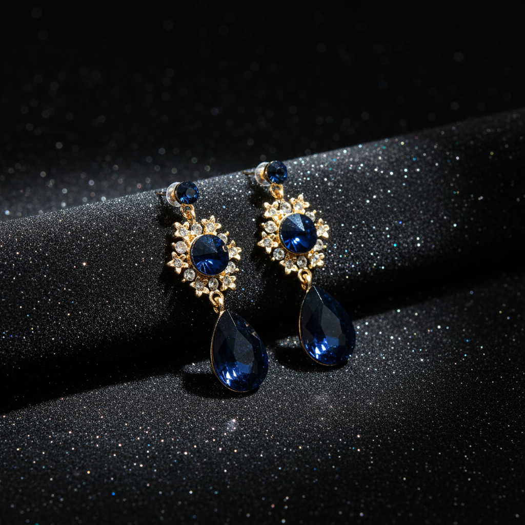 Pair of blue teardrop earrings with gold accents on a black background