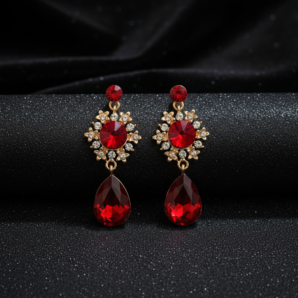 Red gemstone earrings with gold accents on a black background