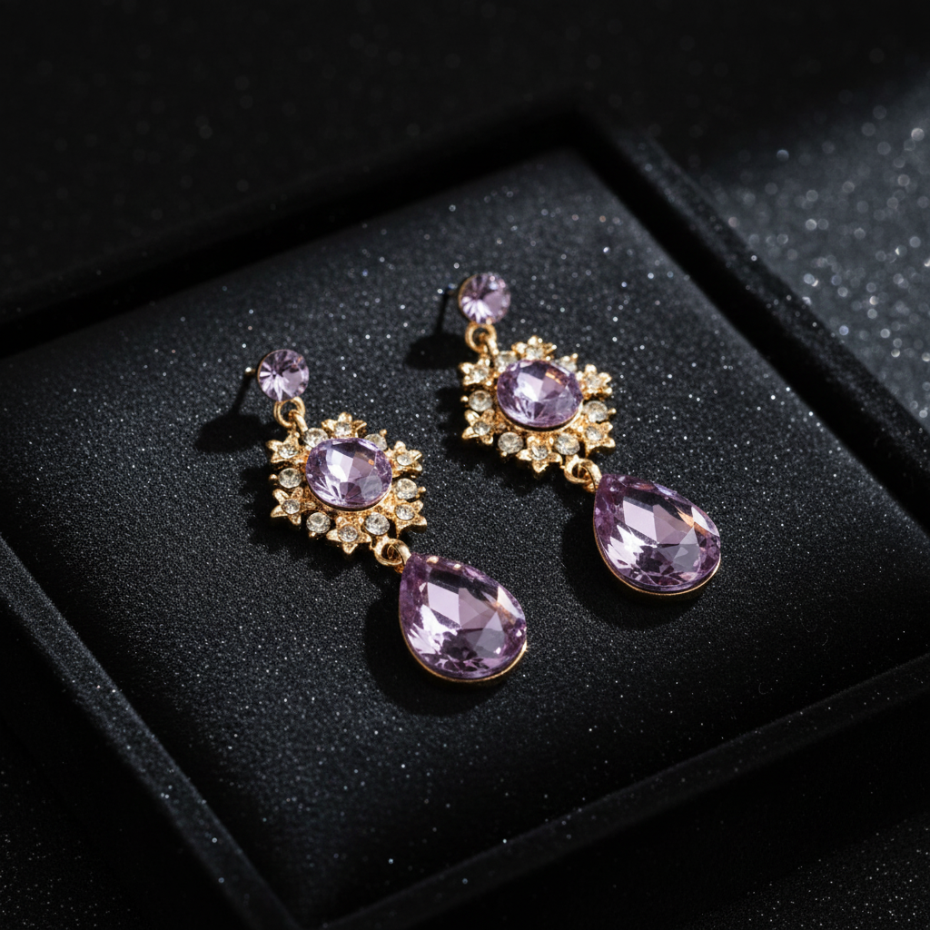 Purple teardrop earrings with gold accents on a black display box