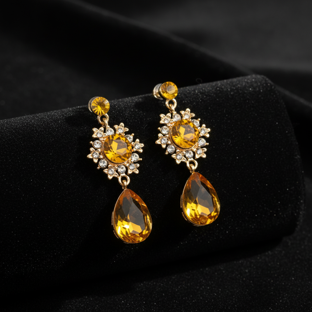 Gold earrings with yellow amber gemstones on a black background