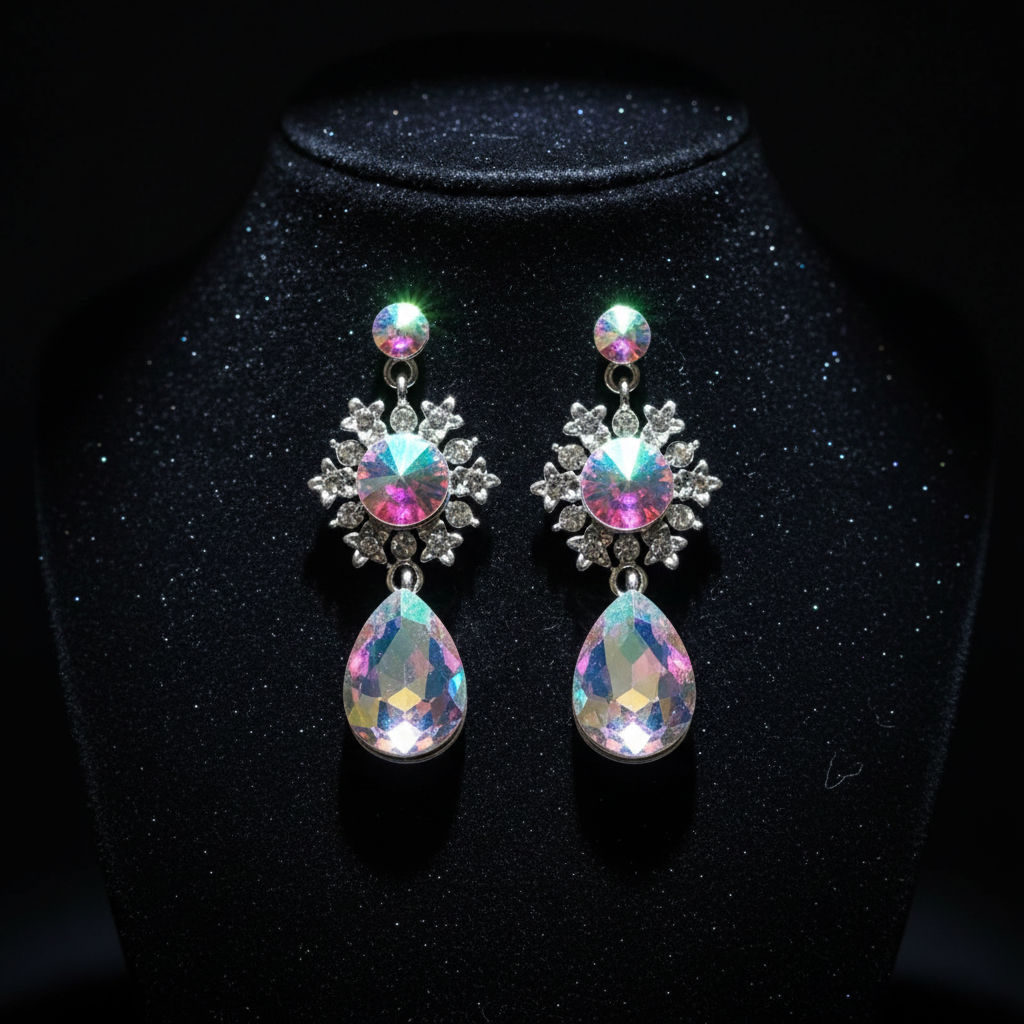Pair of earrings with teardrop-shaped gemstones on a black stand
