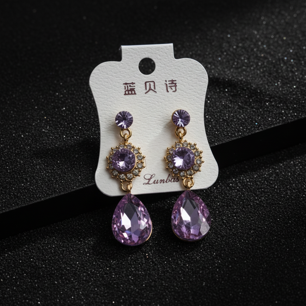 Purple earrings on a branded card against a dark background