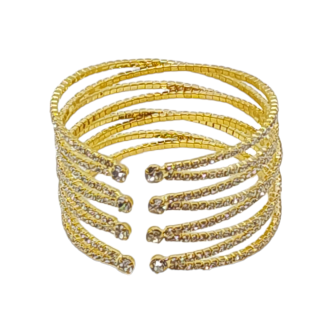 Gold color, rinstone bracelet/bangles 8 lines. Perfect for brides or bridesmaids. Flexible and easy to fit most sizes.