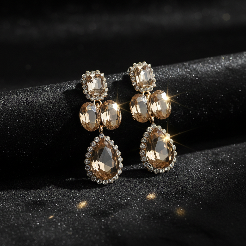 Gold earrings with gemstones on a black background