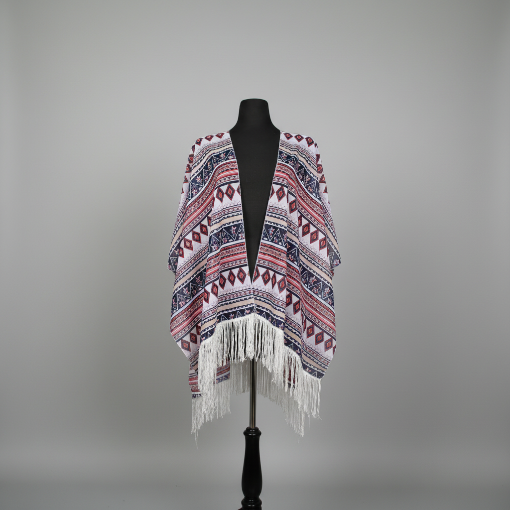 1640N - Ivory Geometric Fringe Kimono Cover-Up