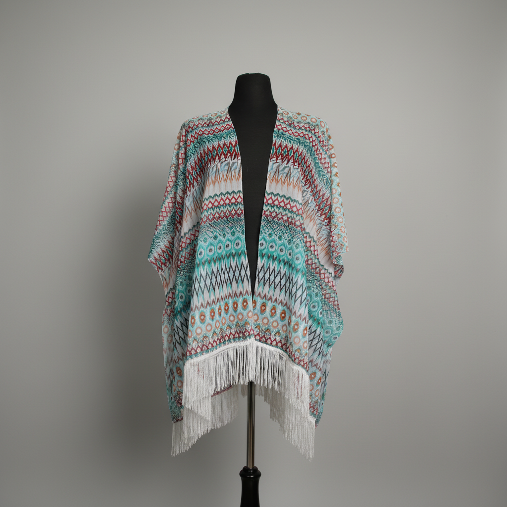 1640C - Turquoise Geometric Fringe Kimono Cover-Up