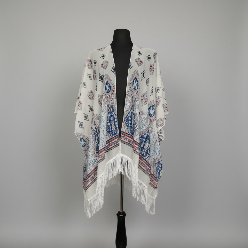 1640D - Ivory Paisley Fringe Kimono Cover-Up