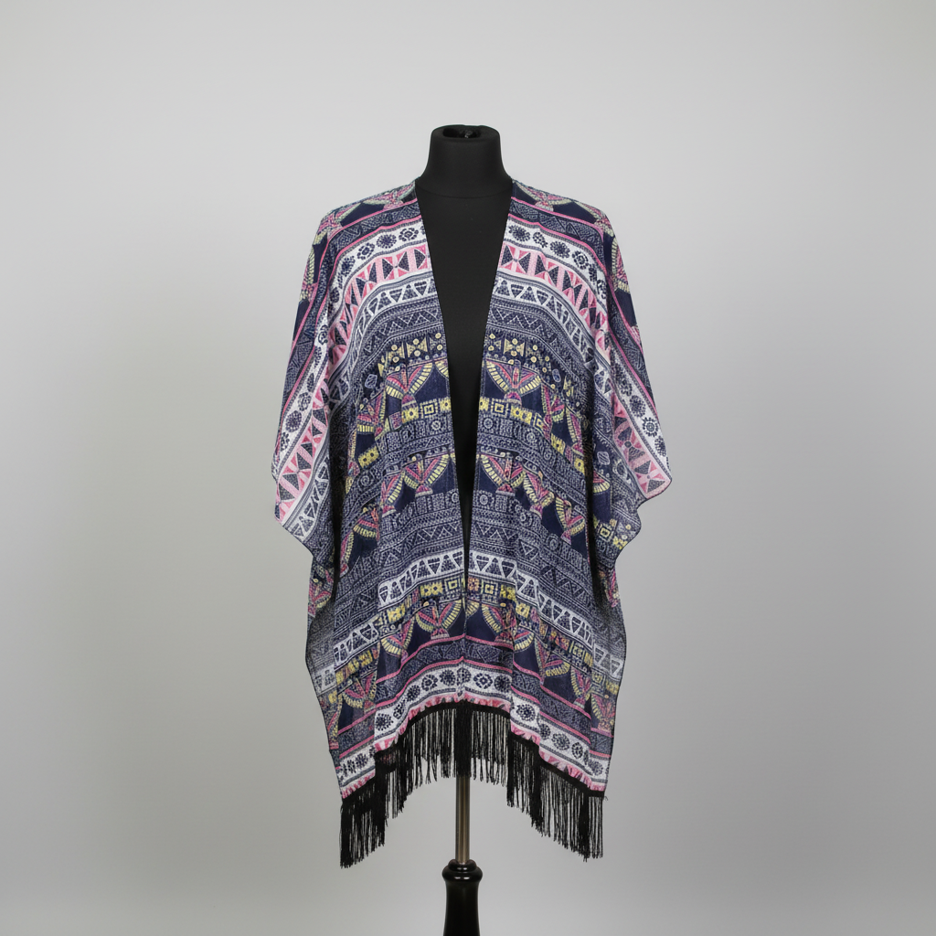1640H - Navy Aztec Fringe Kimono Cover-Up