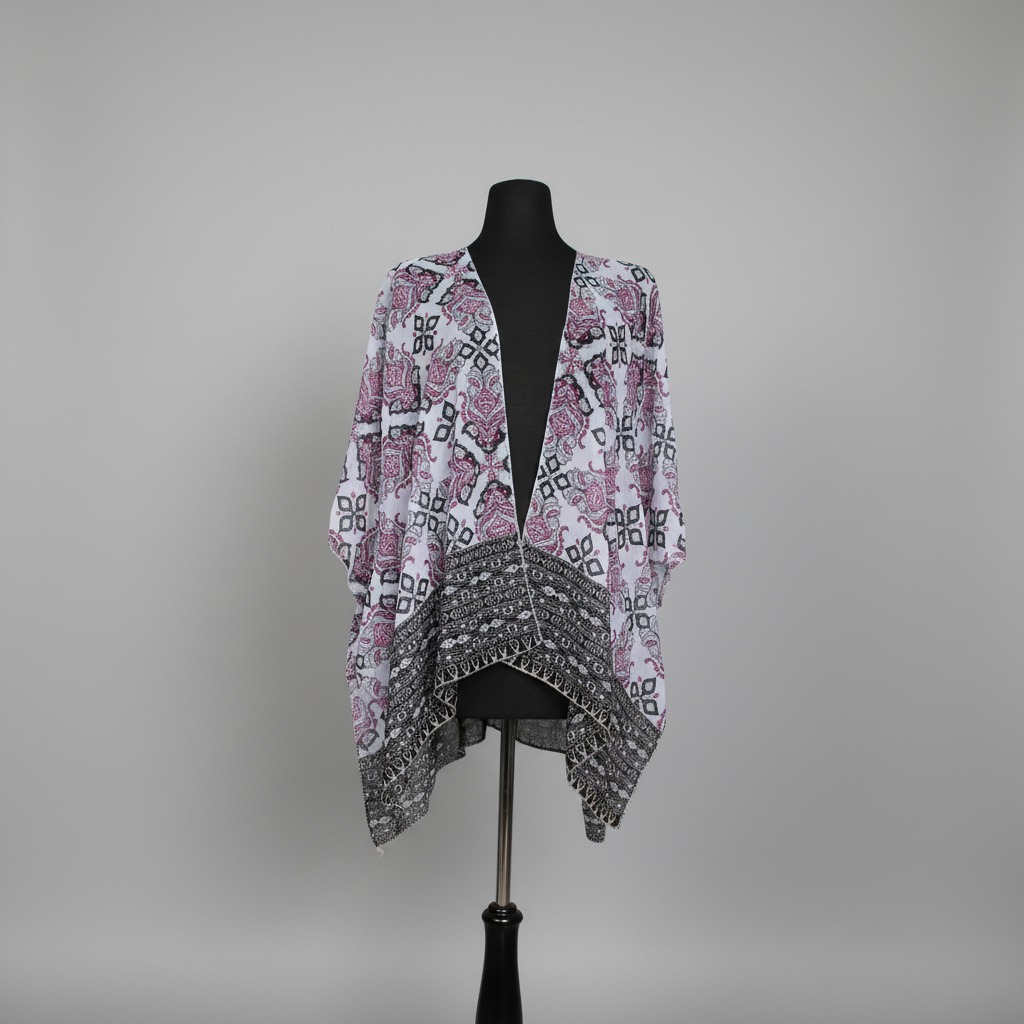 1640E - Pink Paisley Border Kimono Cover-Up