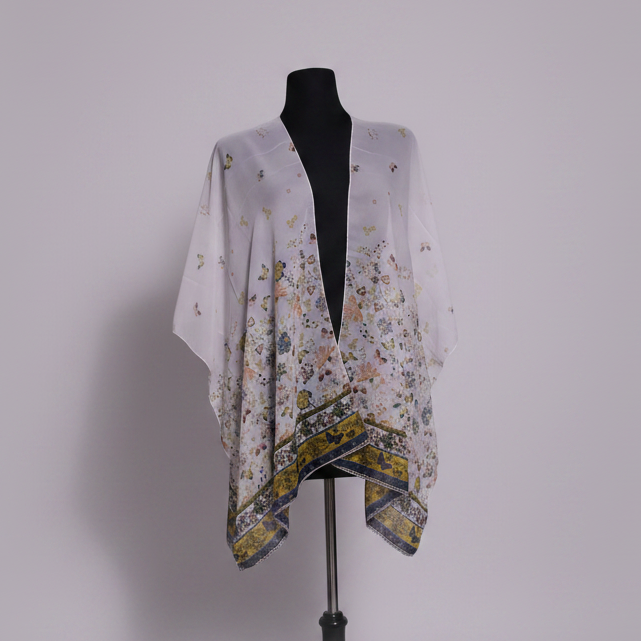 1640A - Ivory Floral Fringe Kimono Cover-Up