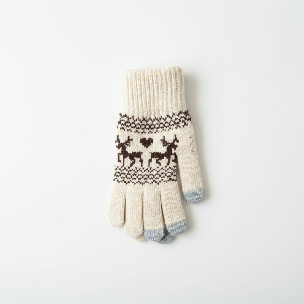 A single knit touchscreen-compatible winter glove in cream with a dark brown Nordic-style pattern and light blue fingertips, laid flat on a light wood floor.