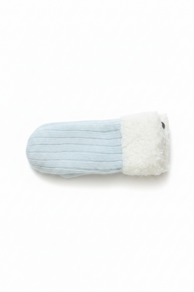 A single knit bootie mitten in light blue with a white sherpa lining, shown on a plain white background.