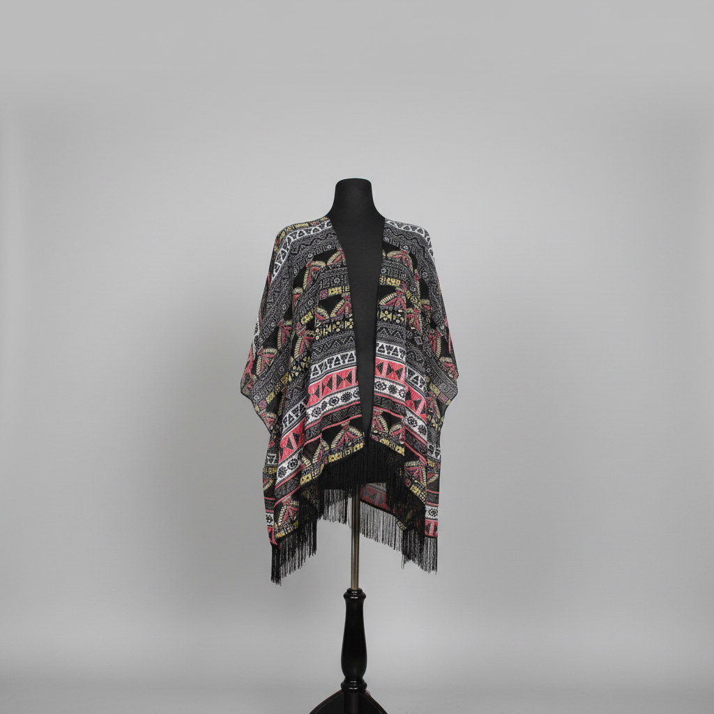 1640G - Black Aztec Fringe Kimono Cover-Up