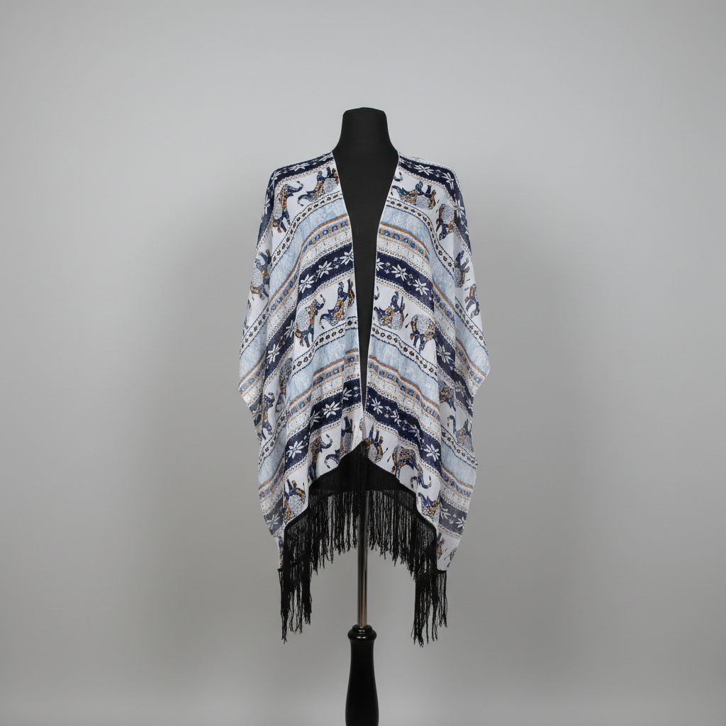 Blue elephant print fringe kimono cover-up with black fringe trim on mannequin.