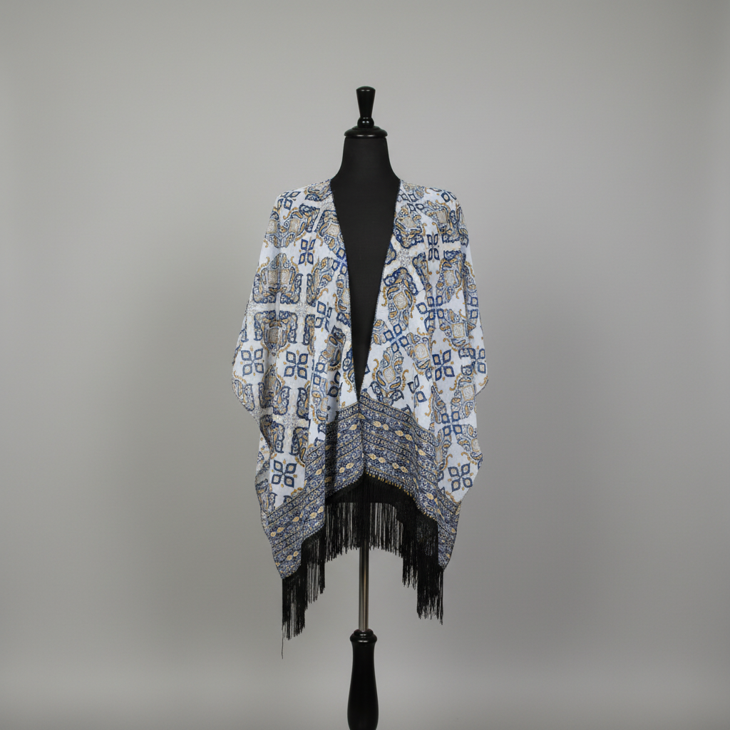 A white open-front poncho-style wrap with black and blue geometric patterns and long black fringe, displayed on a black dress form against a light gray studio background.