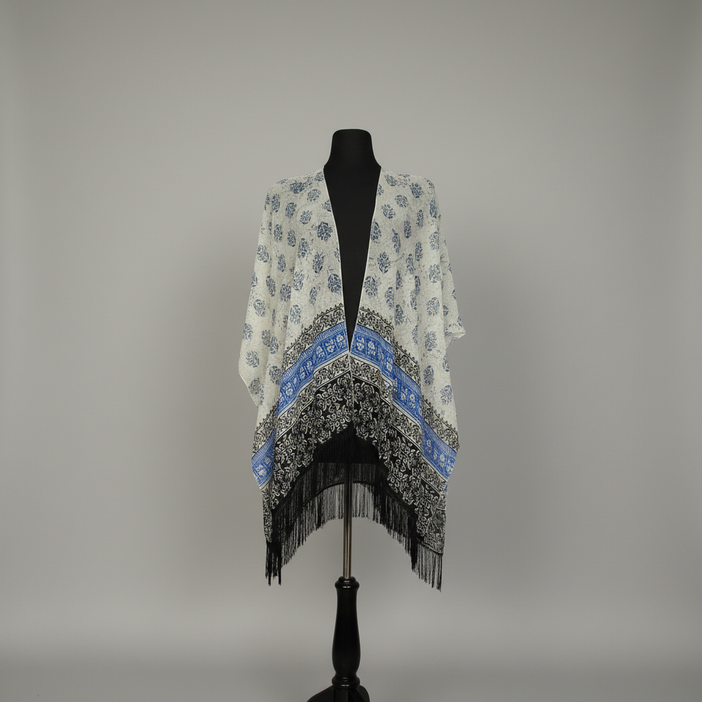 Ivory blue border fringe kimono cover-up with black fringe trim on mannequin.