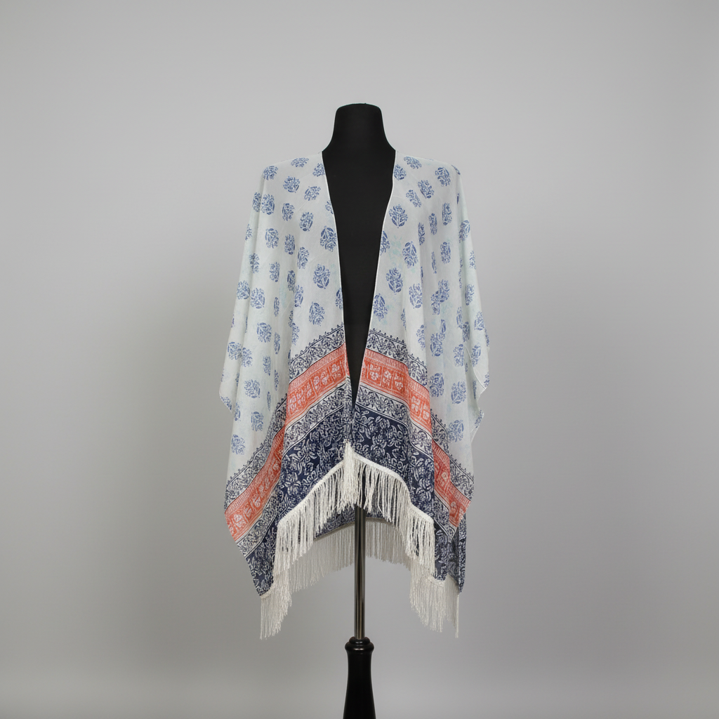 Ivory blue border fringe kimono cover-up with white fringe trim on mannequin.