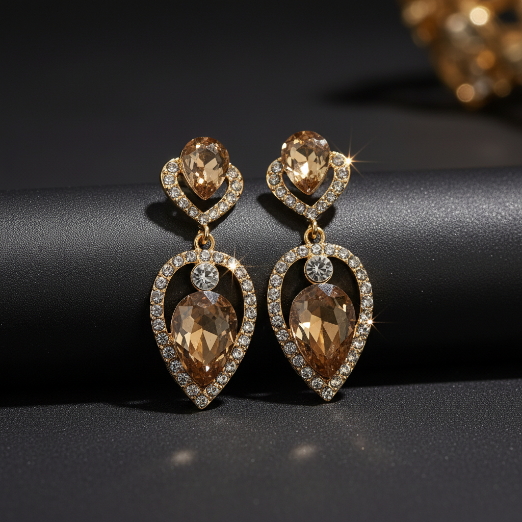 Pair of gold and brown teardrop earrings on a dark surface