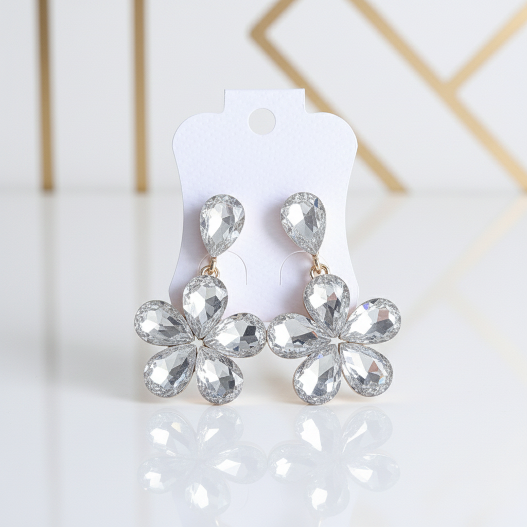Crystal flower-shaped earrings on a white card with a light background
