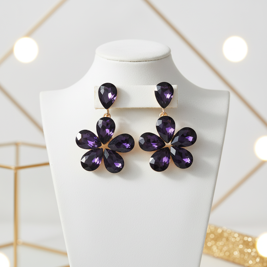 Purple floral earrings on a white mannequin bust with a geometric light background