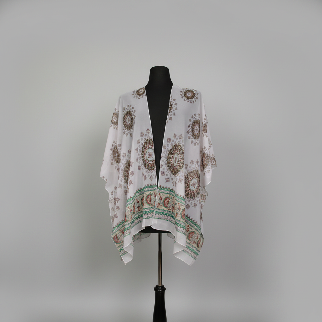A white open-front kaftan or poncho-style cover-up with brown and green bohemian circular medallion patterns and a decorative border, displayed on a black dress form mannequin against a neutral gray background.
