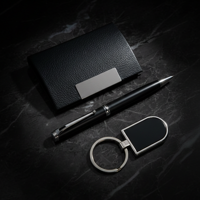 Black leather wallet, pen, and keychain on a dark marble surface