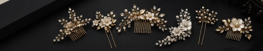 Set of gold and pearl hair accessories on a black background