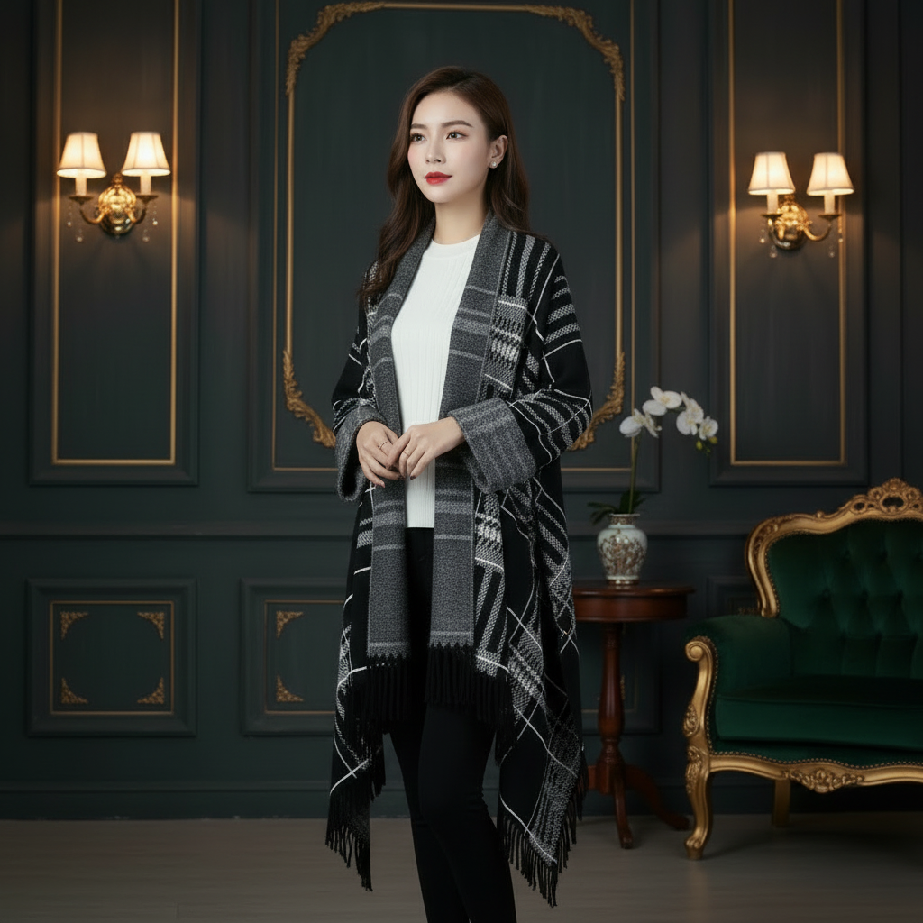 A-1405 - Black Plaid Fringe Ruana Wrap