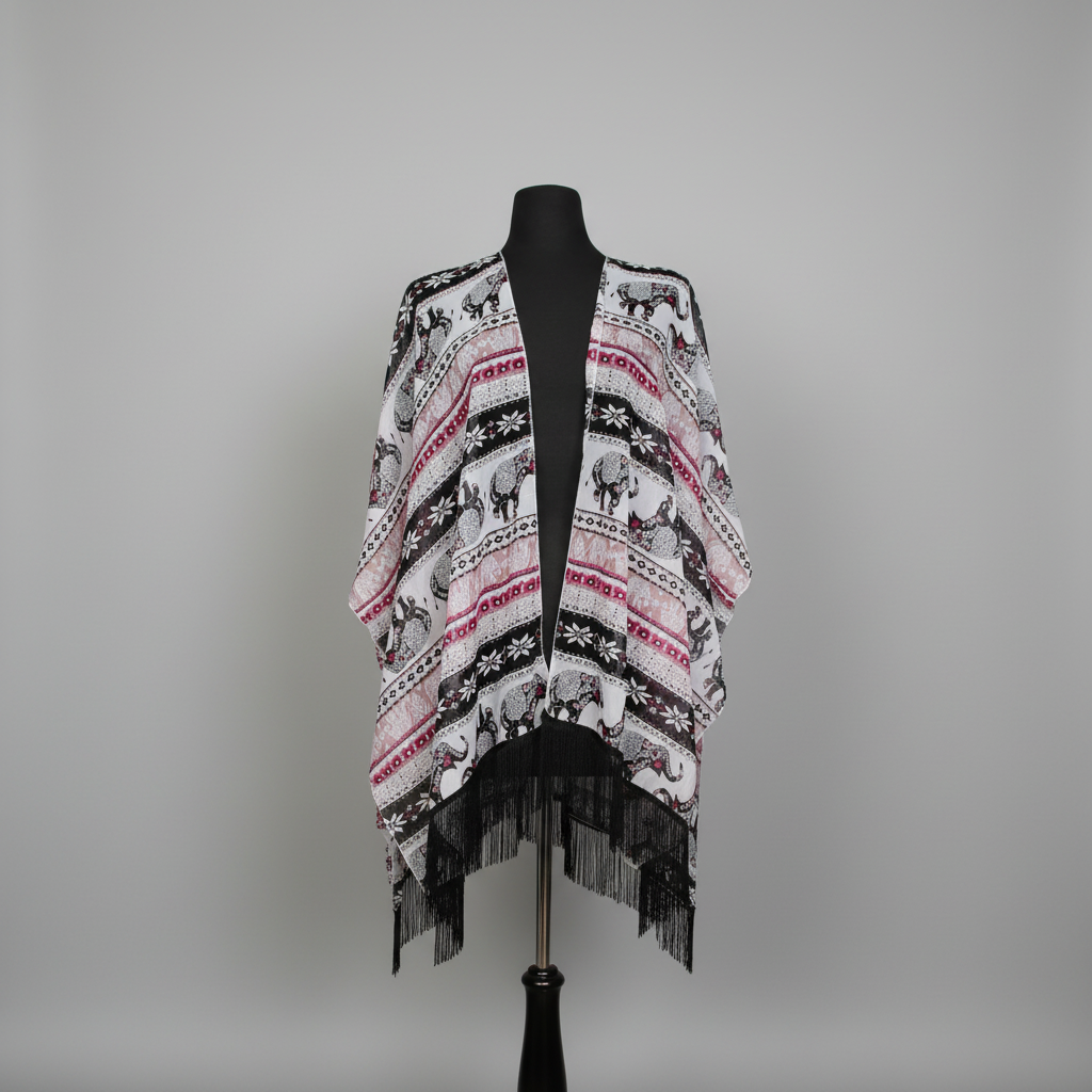 Pink elephant print fringe kimono cover-up with black fringe trim on mannequin.