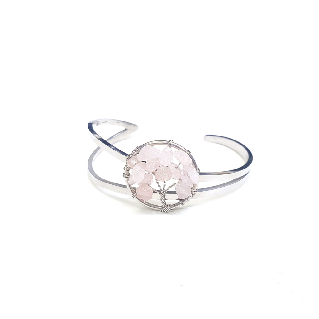 2043 - Rose Quartz Tree of Life Stainless Steel Bangle