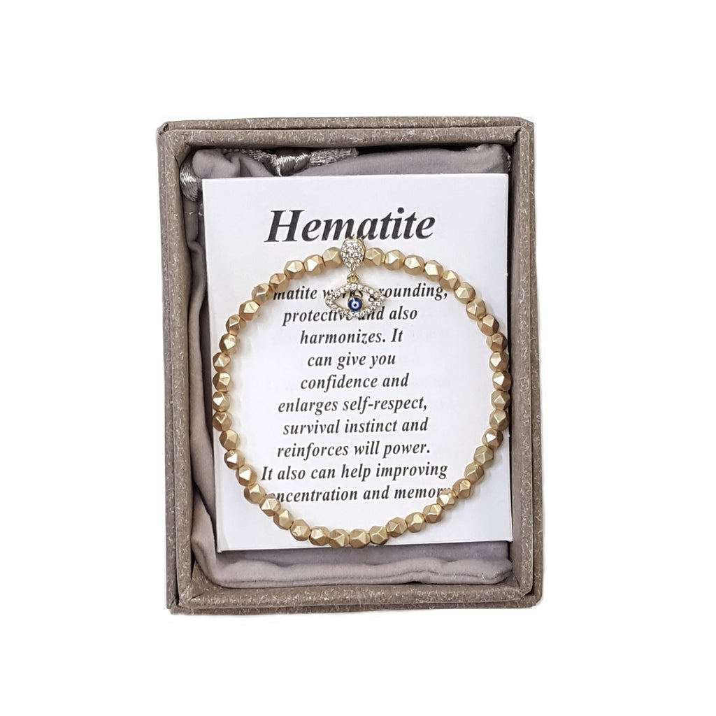 2026 - Gold-Tone Hematite Bracelet with Evil Eye Charm – 4mm